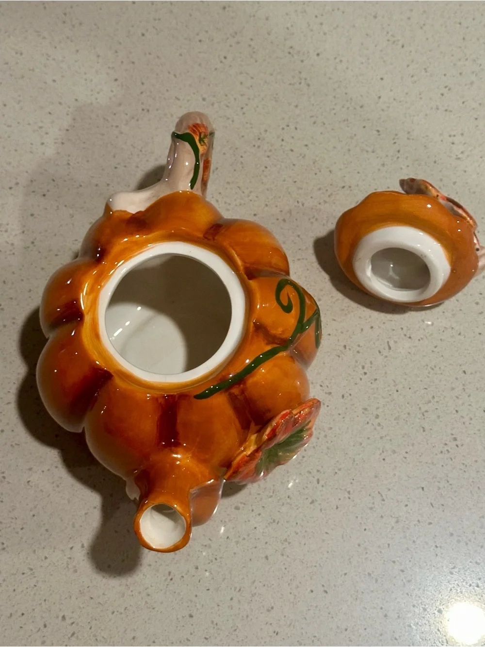 Glossy Orange Ceramic Pumpkin Teapot  with Green Vine Accent and Lid